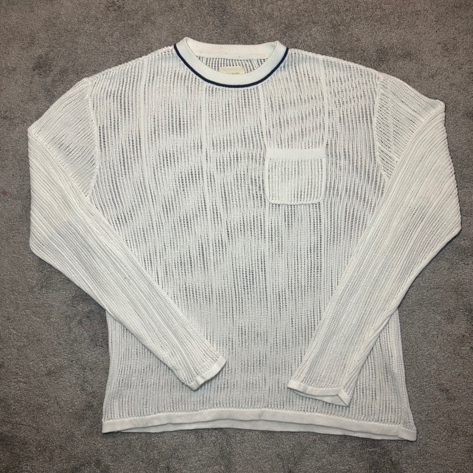 Aime Leon Dore Knit Sweater Men Xl White Mesh Long Sleeve Pocket Crew Neck